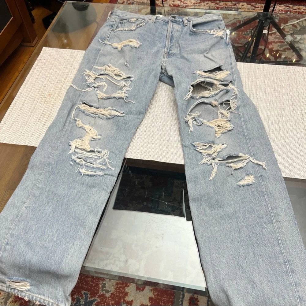 Agolde Women's High Rise Distressed Light Blue Jeans